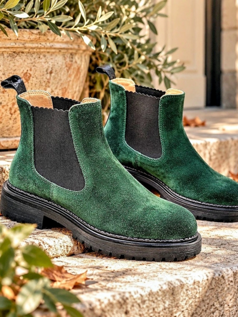 Anthropologie Dark Green Suede Leather Chelsea Boots EU 37